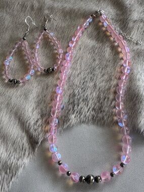 Pink Mermaid Bead Iridescent Necklace and Earring Set